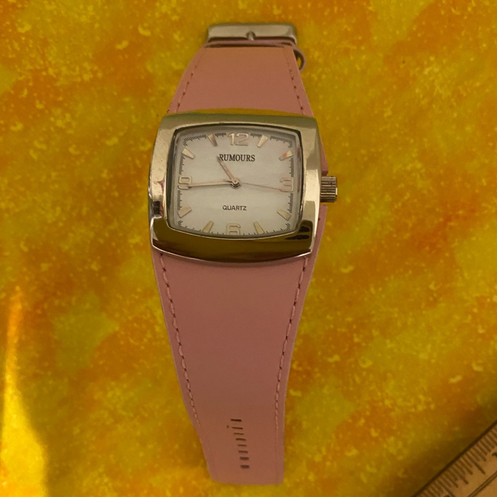 Rumours stainless steel square face watch with pink leather straps